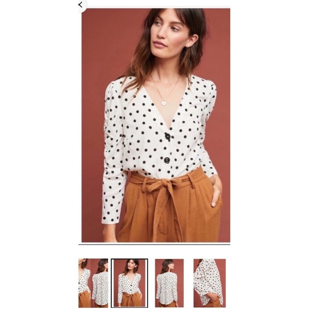 Anthropologie Maeve Jourdain Blouse Polka Dot Ruched Sleeves Medium Semi Sheer